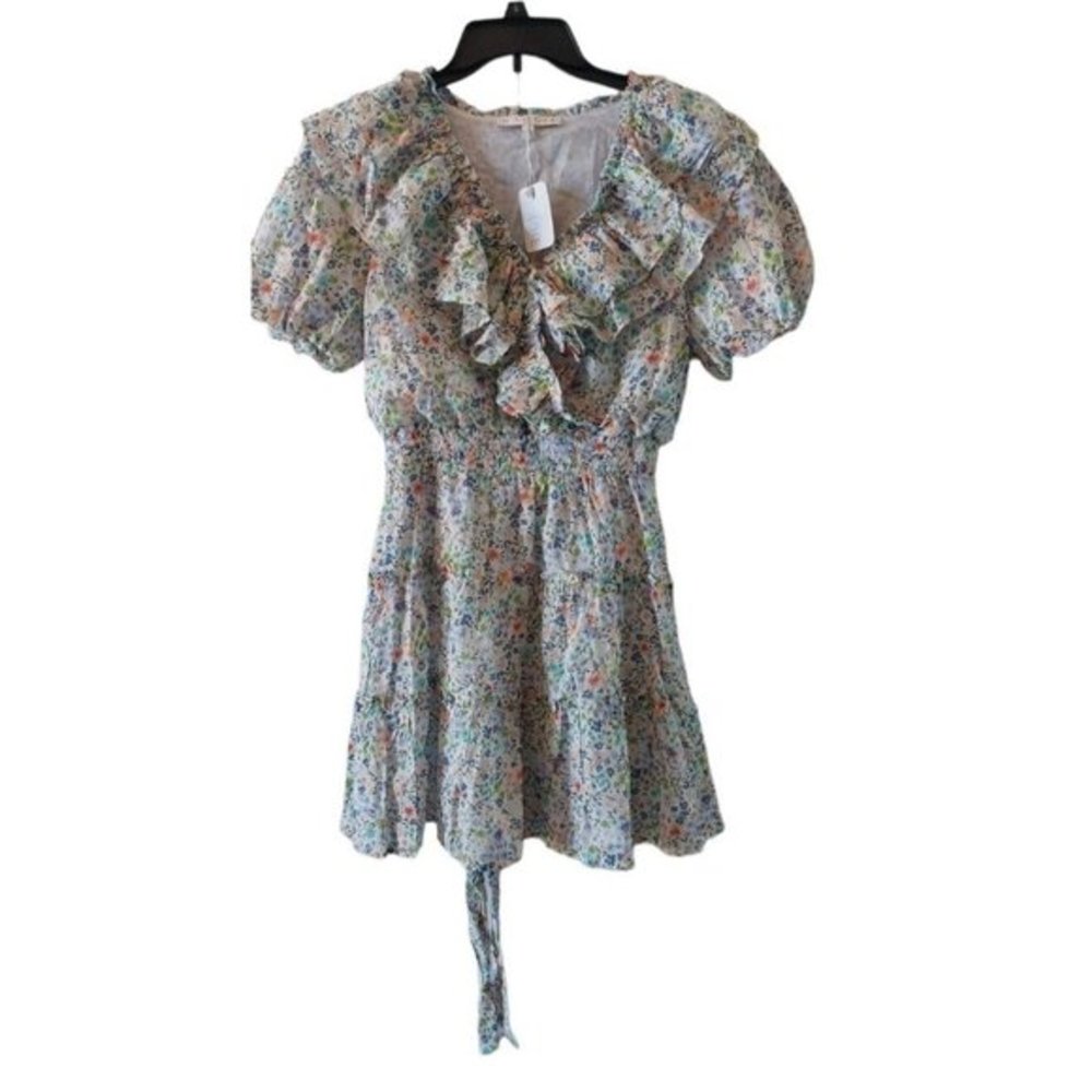 Karlie Women's Multi Floral Ruffle Spring Dress‎ - White Size Medium #138199 NWT